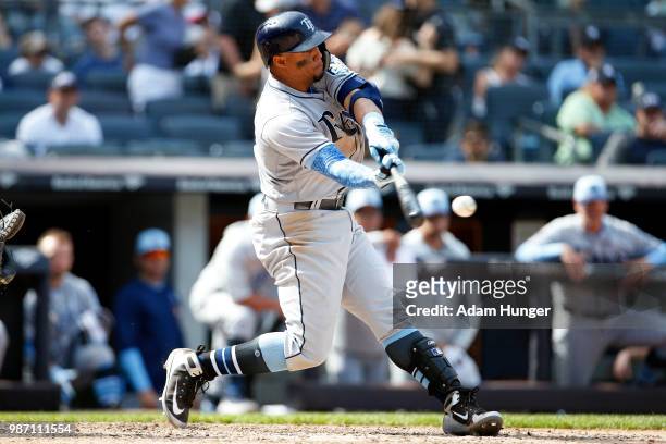 Carlos Gomez of the Tampa Bay Rays at bat against the New York Yankees during the eighth inning at Yankee Stadium on June 17, 2018 in the Bronx...