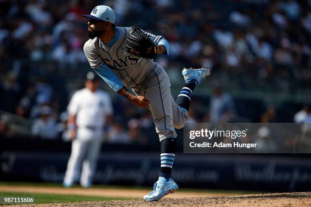 Sergio Romo of the Tampa Bay Rays pitches against the New York Yankees during the ninth inning at Yankee Stadium on June 17, 2018 in the Bronx...