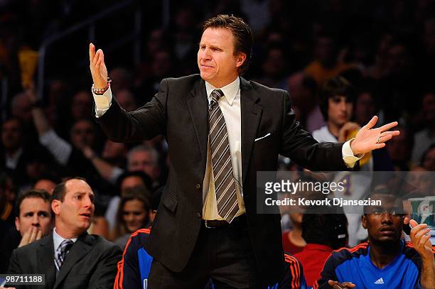 Head coach Scott Brooks of the Oklahoma City Thunder reacts in the first half during Game Two of the Western Conference Quarterfinals of the 2010 NBA...