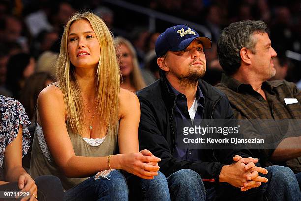 Model Bar Refaeli and boyfriend actor Leonardo DiCaprio sit courtside during Game Two of the Western Conference Quarterfinals of the 2010 NBA...