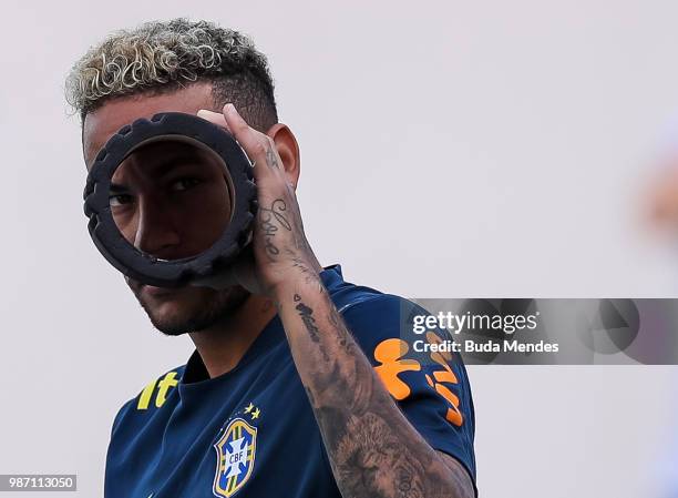 Neymar Jr looks on during a Brazil training session on June 29, 2018 in Sochi, Russia.