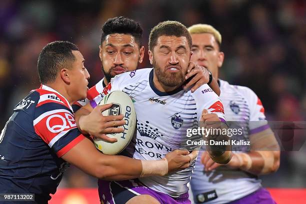 Kenny Bromwich of the Storm competes for the ball during the round 16 NRL match between the Sydney Roosters and the Melbourne Storm at Adelaide Oval...