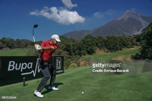 Curtis Yonke of the United States hits a tee shot on the first hole during practice for the PGA TOUR Latinoamérica Guatemala Stella Artois Open at La...