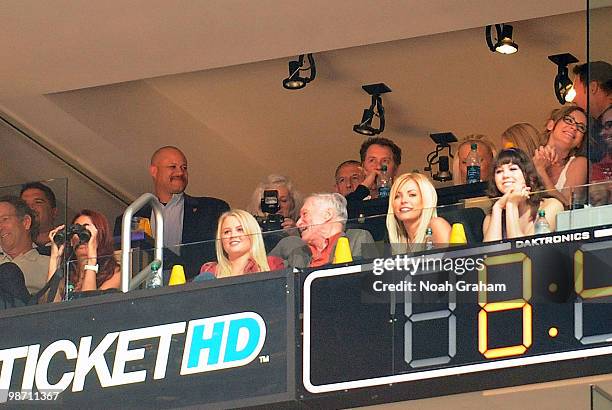 Hugh Hefner attends a game between the Oklahoma City Thunder and the Los Angeles Lakers in Game Five of the Western Conference Quarterfinals during...