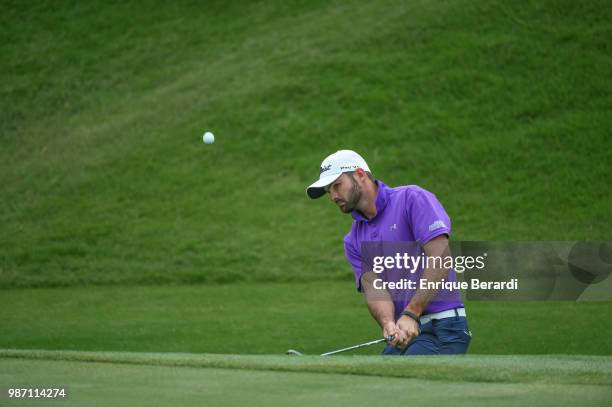 Skyler Finnell of the United States hits out of a bunker on the second hole during the third round of the PGA TOUR Latinoamérica Guatemala Stella...