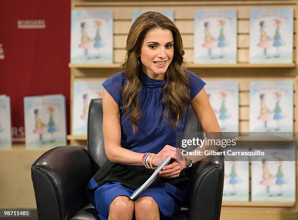 Her Majesty Queen Rania Al Abdullah of Jordan promotes "The Sandwitch Swap" at Borders Books & Music, Columbus Circle on April 27, 2010 in New York...