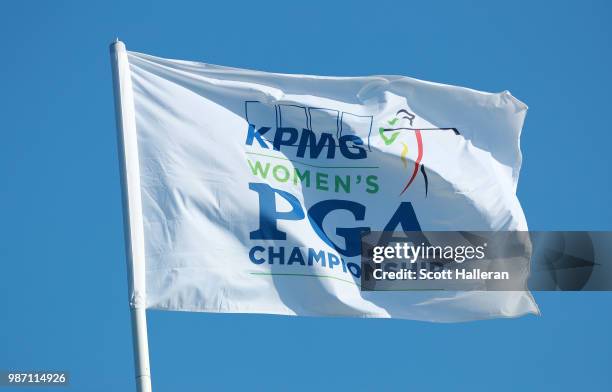 Flags is seen near the 18th green during the second round of the KPMG Women's PGA Championship at Kemper Lakes Golf Club on June 29, 2018 in Kildeer,...