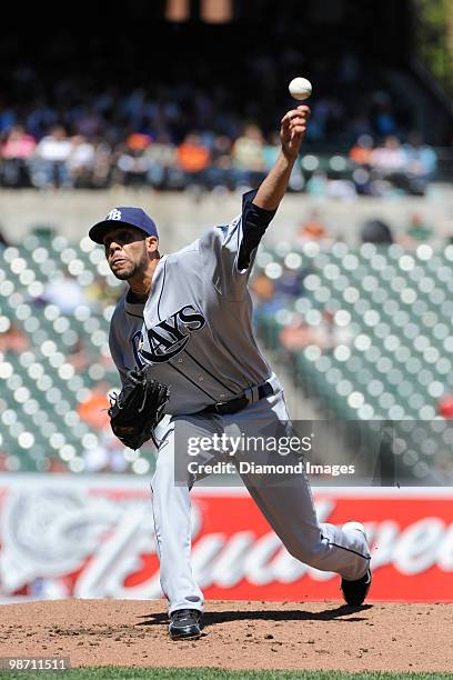 Pitcher David Price of the Tampa Bay Rays throws a pitch during the bottom of the first inning of a game on April 14, 2010 against the Baltimore...