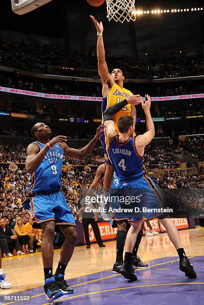 Shannon Brown of the Los Angeles Lakers goes up for a layup against Nick Collison of the Oklahoma City Thunder in Game Five of the Western Conference...
