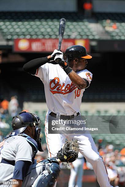 Outfielder Adam Jones of the Baltimore Orioles at bat during the bottom of the first inning of a game on April 14, 2010 against the Tampa Bay Rays at...