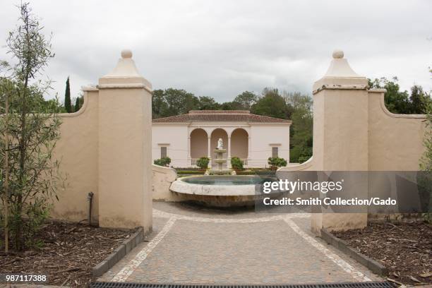 Ornate buildings and fountains in Hamilton Gardens, Hamilton, New Zealand, November, 2017.