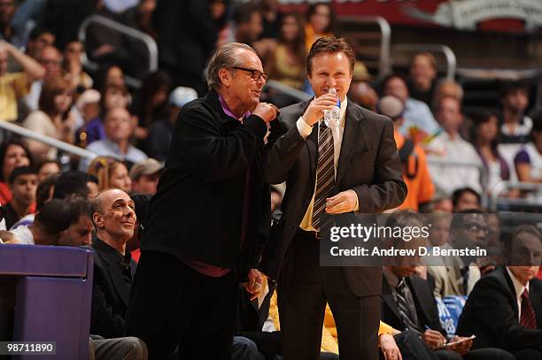 Actor Jack Nicholson and head coach Scott Brooks of the Oklahoma City Thunder share a laugh during Game Five of the Western Conference Quarterfinals...