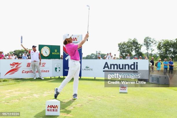 Tommy Fleetwood of England on the 16th tee during the second round of the HNA Open de France at Le Golf National on June 29, 2018 in Paris, France.