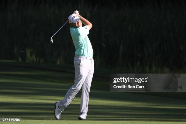 Bill Haas plays a shot on the tenth hole during the second round of the Quicken Loans National at TPC Potomac on June 29, 2018 in Potomac, Maryland.