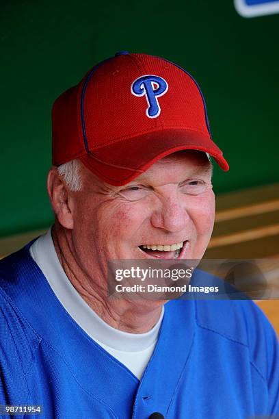 Manager Charlie Manuel of the Philadelphia Phillies shares a laugh with reporters in the dugout prior to a game on April 5, 2010 against the...