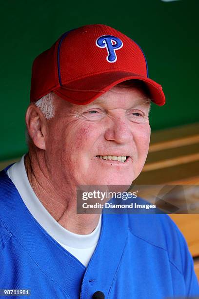 Manager Charlie Manuel of the Philadelphia Phillies listens to a reporters question in the dugout prior to a game on April 5, 2010 against the...