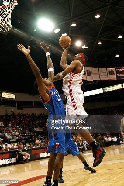Michael Harris of the Rio Grande Valley Vipers shoots over Larry Owens of the Tulsa 66ers in Game Two of the 2010 NBA D-League Finals at the State...