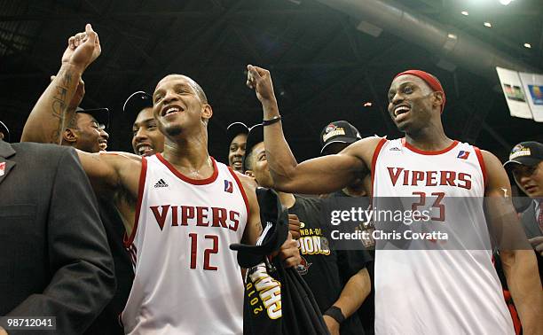 Will Conroy and Stanley Asumnu of the Rio Grande Valley Vipers celebrate after defeating the Tulsa 66ers in Game Two of the 2010 NBA D-League Finals...