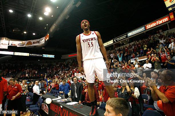 Michael Harris of the Rio Grande Valley Vipers celebrates on the scorer's table after defeating the Tulsa 66ers in Game Two of the 2010 NBA D-League...