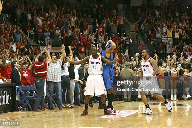 Craig Winder of the Rio Grande Valley Vipers celebrates after hitting a three point shoot at the buzzer to defeat the Tulsa 66ers in Game Two of the...