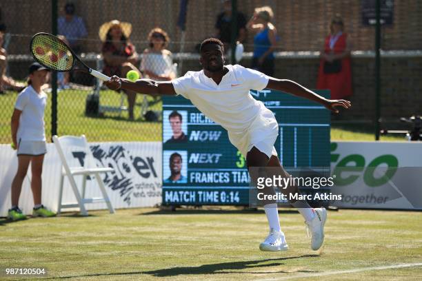 Frances Tiafoe of USA plays a forehand against Richard Gasquet of France during the GANT Tennis Championships on June 29, 2018 in London, England.