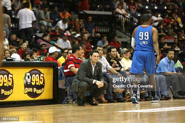 Head coach Nate Tibbetts of the Tulsa 66ers watches as his team plays the Rio Grande Valley Vipers in Game Two of the 2010 NBA D-League Finals at the...