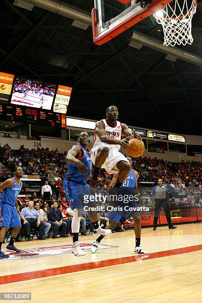Jonathan Wallace of the Rio Grande Valley Vipers leaps to the basket past Moses Ehambe of the Tulsa 66ers in Game Two of the 2010 NBA D-League Finals...