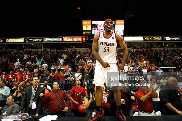 Michael Harris of the Rio Grande Valley Vipers celebrates on the scorer's table after defeating the Tulsa 66ers in Game Two of the 2010 NBA D-League...