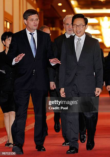 Netherands Prime Minister Jan Peter Balkenende talks with South Korean President Lee Myung-Bak prior to the summit meeting at presidential house on...