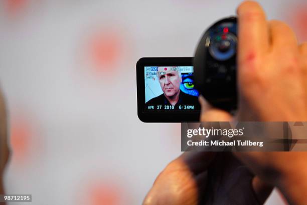 Director James Cameron gets interviewed on the blue carpet at "Is Pandora Possible?", a scientific discussion panel regarding the science and...