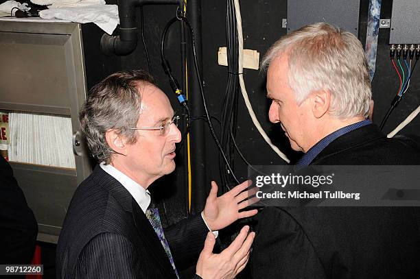 Director James Cameron chats backstage with Caltech President Dr. Jean-Lou Chameau at "Is Pandora Possible?", a scientific discussion panel regarding...