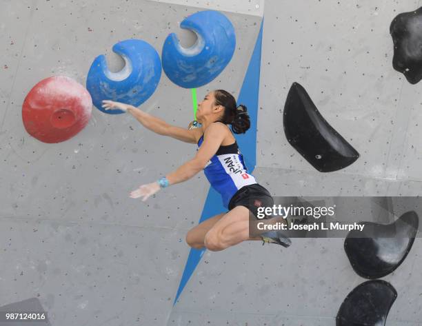 Akiyo Noguchi of Team Japan falls from the wall after losing​ her grip during the IFSC Climbing World Cup on June 9, 2018 in Vail, Colorado. Noguchi...