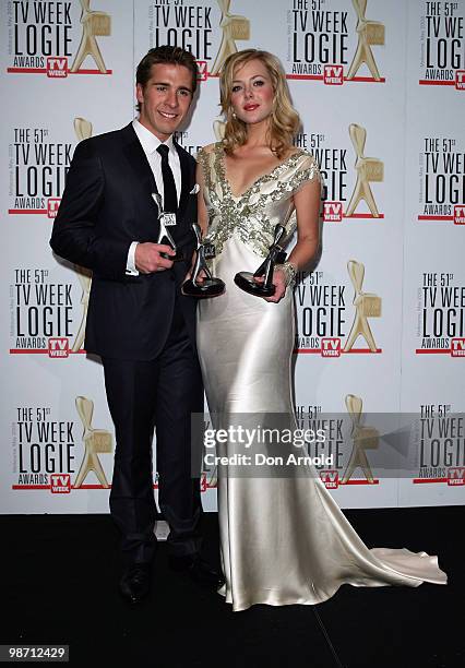 Actors Hugh Sheridan and Jessica Marais pose with the award for Most Popular New Talent during the 51st TV Week Logie Awards at the Crown Towers...