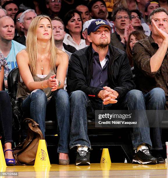 Bar Refaeli and Leonardo DiCaprio attend a game between the Oklahoma City Thunder and the Los Angeles Lakers at Staples Center on April 27, 2010 in...