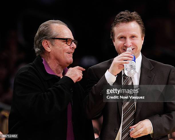 Jack Nicholson talks to Scott Brooks at the game between the Oklahoma City Thunder and the Los Angeles Lakers at Staples Center on April 27, 2010 in...
