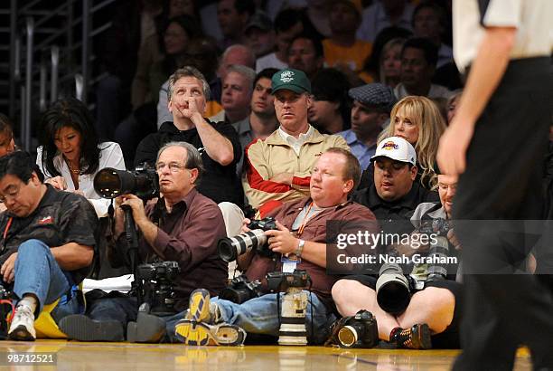 Actor Will Ferrell attends a game between the Oklahoma City Thunder and the Los Angeles Lakers in Game Five of the Western Conference Quarterfinals...