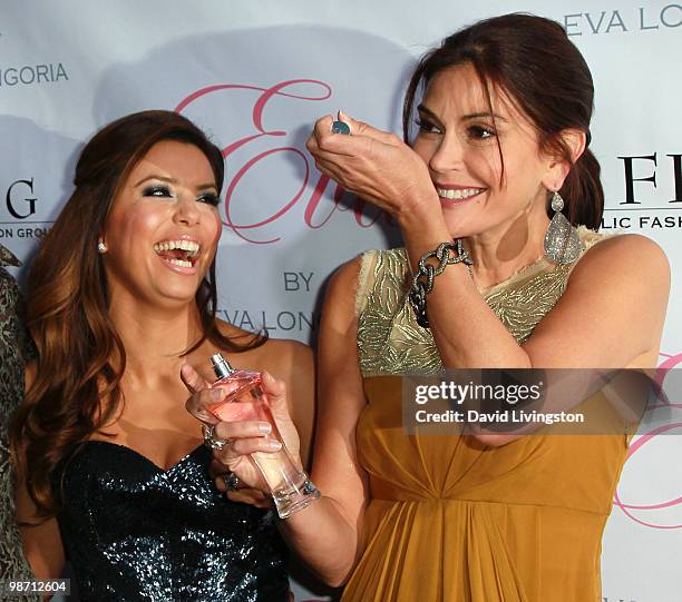 Actresses Eva Longoria Parker and Teri Hatcher attend the launch of Longoria Parker's fragrance "Eva by Eva Longoria" at Beso on April 27, 2010 in...