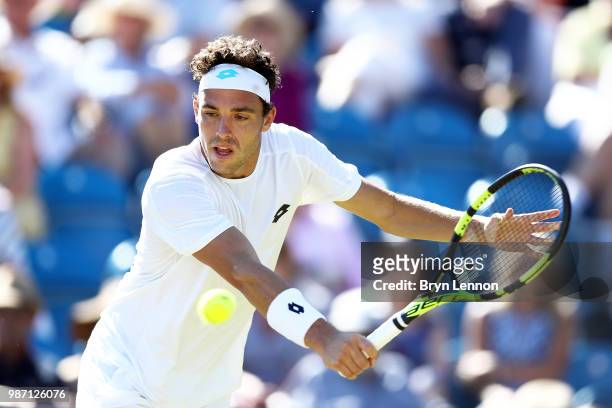 Marco Cecchinato of Italy in action in his semi-final match against Lukas Lacko of Slovakia on day eight of the Nature Valley International at...