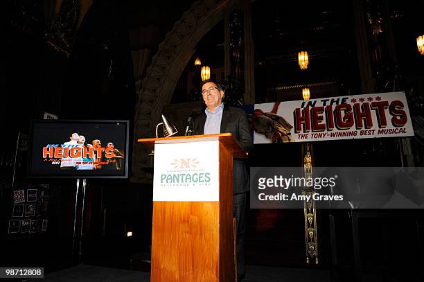 Kenny Ortega addresses the audience at the Lin-Manuel Miranda to Unite for In the Heights event at the Pantages Theatre on April 27, 2010 in...