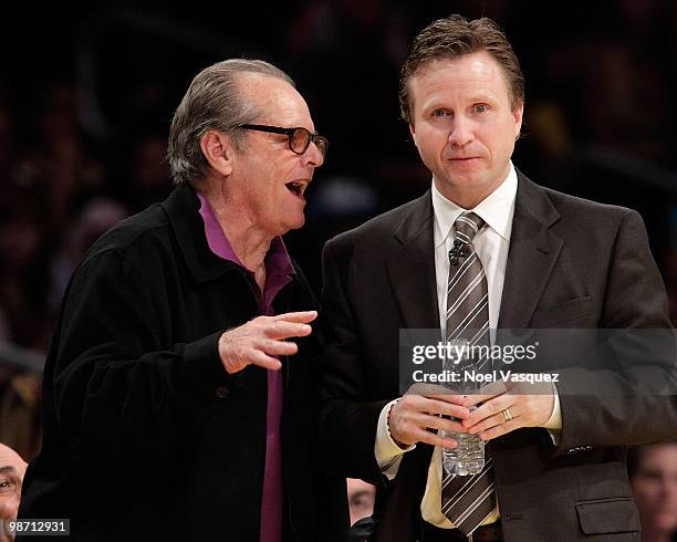 Jack Nicholson talks to Scott Brooks at the game between the Oklahoma City Thunder and the Los Angeles Lakers at Staples Center on April 27, 2010 in...