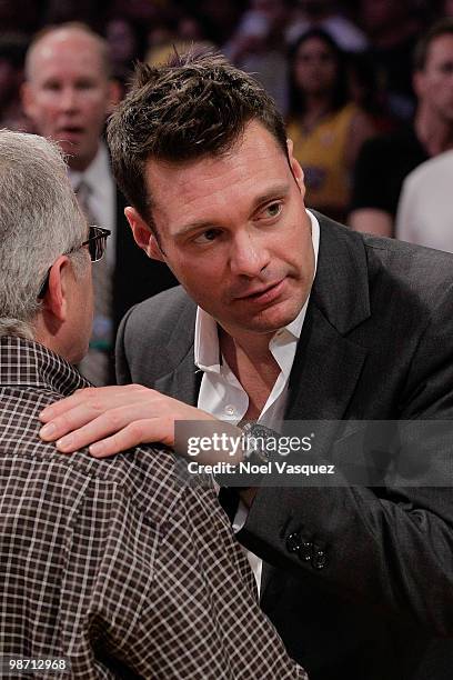 Ryan Seacrest attends a game between the Oklahoma City Thunder and the Los Angeles Lakers at Staples Center on April 27, 2010 in Los Angeles,...