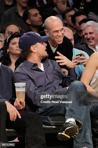 Leonardo DiCaprio talks to Jeffrey Katzenberg at a game between the Oklahoma City Thunder and the Los Angeles Lakers at Staples Center on April 27,...