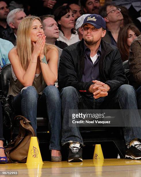 Bar Refaeli and Leonardo DiCaprio attend a game between the Oklahoma City Thunder and the Los Angeles Lakers at Staples Center on April 27, 2010 in...
