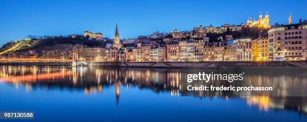 panoramic view of lyon with saone river by night - saone river stock pictures, royalty-free photos & images