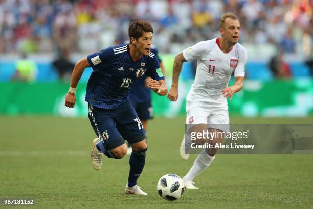 Hiroki Sakai of Japan during the 2018 FIFA World Cup Russia group H match between Japan and Poland at Volgograd Arena on June 28, 2018 in Volgograd,...