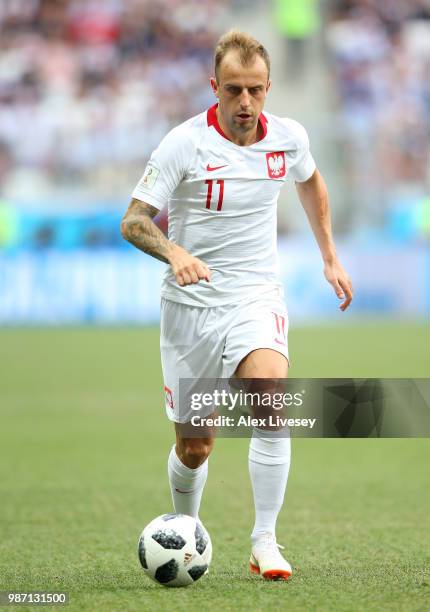 Kamil Grosicki of Poland during the 2018 FIFA World Cup Russia group H match between Japan and Poland at Volgograd Arena on June 28, 2018 in...