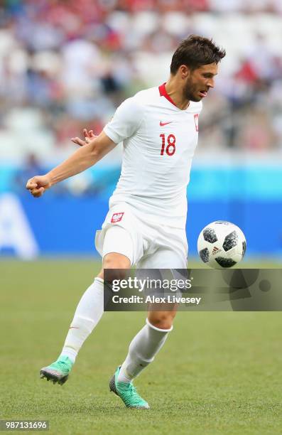 Bartosz Bereszynski of Poland controls the ball during the 2018 FIFA World Cup Russia group H match between Japan and Poland at Volgograd Arena on...