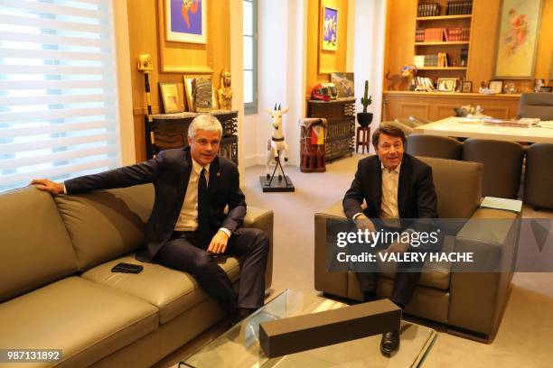 Mayor of Nice Christian Estrosi and President of Les Republicains right-wing party Laurent Wauquiez pose for a picture at the city hall of Nice, on...