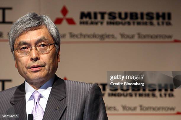 Hideaki Omiya, president of Mitsubishi Heavy Industries Ltd., speaks during a news conference in Tokyo, Japan, on Wednesday, April 28, 2010....