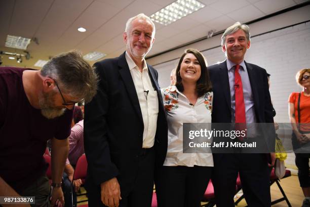 Jeremy Corbyn, Leader of the Labour Party, stands with Labour's Parliamentary Candidate for Livingston Rhea Wolfson and Scottish Labour leader...